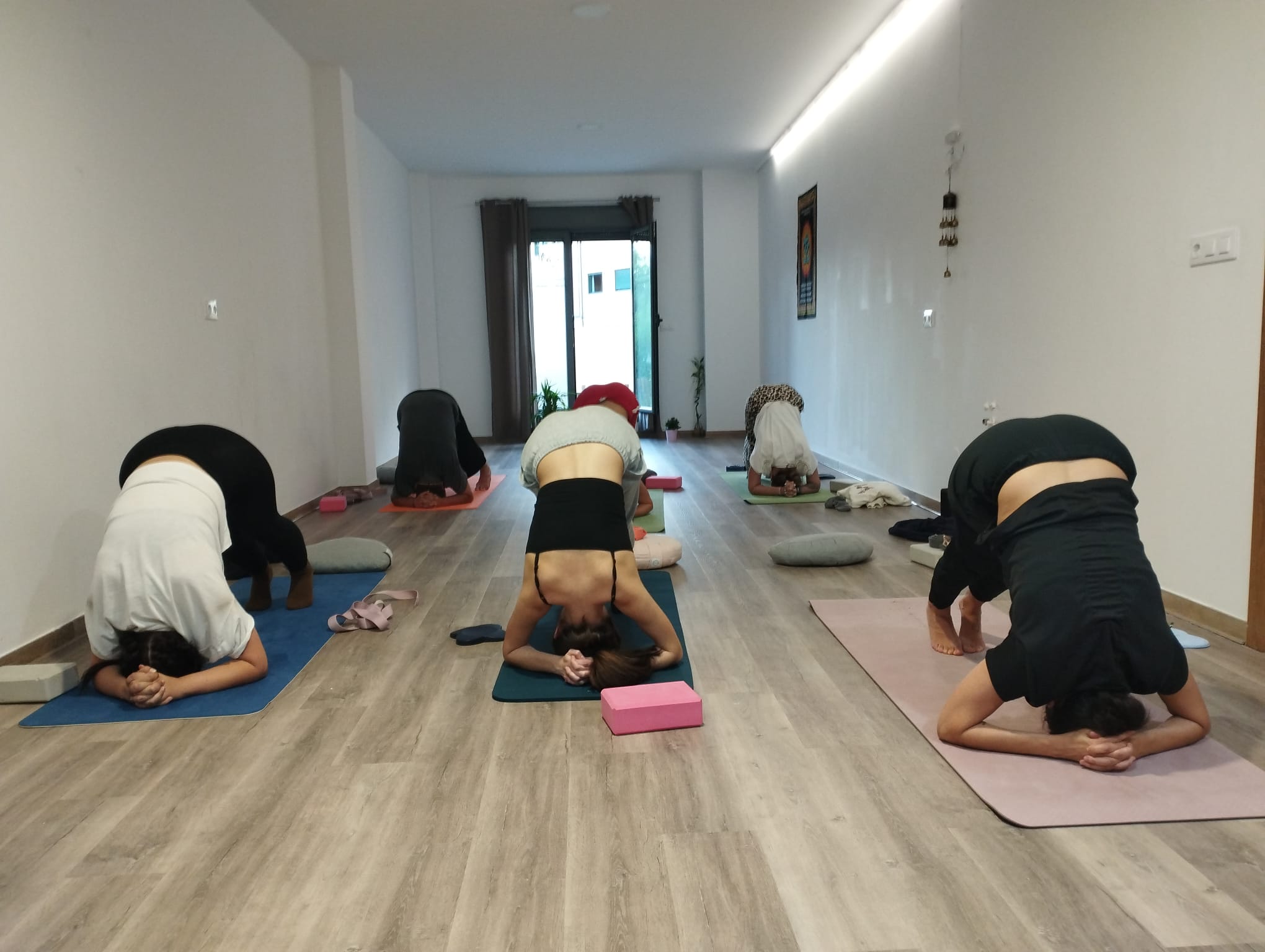 Grupo en postura de relajación durante una clase de yoga en Yoga Krishna, Sada